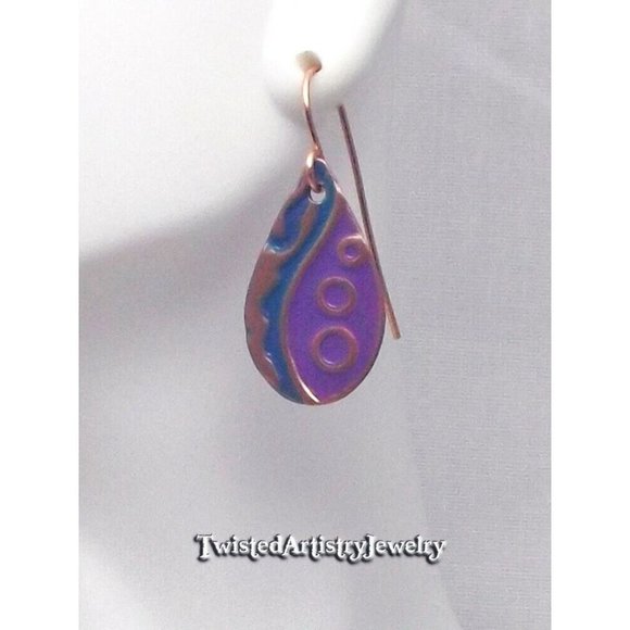 Purple and Blue Enameled Copper Teardrop Dangle Earrings One-Of-A-Kind Handmade - Picture 2 of 3